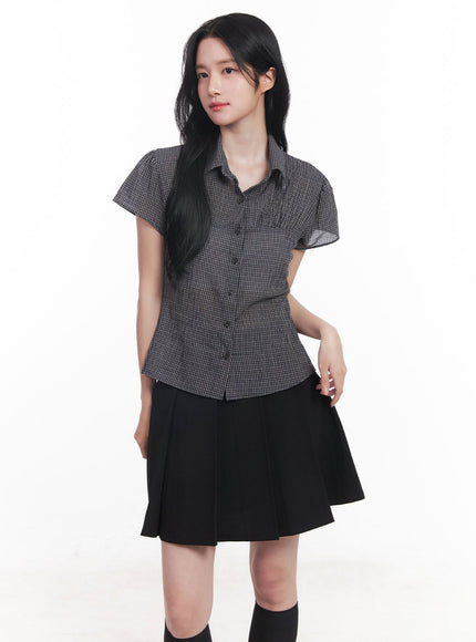 checkered-puff-button-blouse-top-cy526 / Dark gray