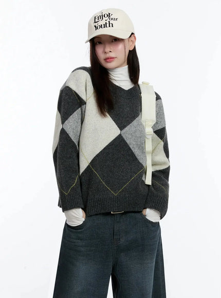 argyle-pattern-knit-sweater-id526 / Dark gray