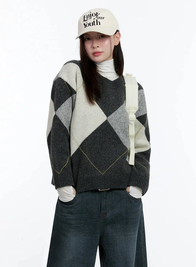 argyle-pattern-knit-sweater-id526 / Dark gray