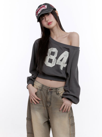 84-graphic-one-shoulder-cropped-sweatshirt-cf512 / Dark gray