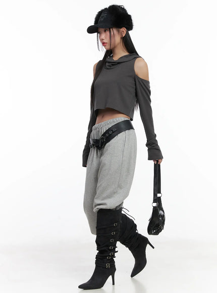 cut-out-crop-hood-long-sleeve-top-cd529 / Dark gray