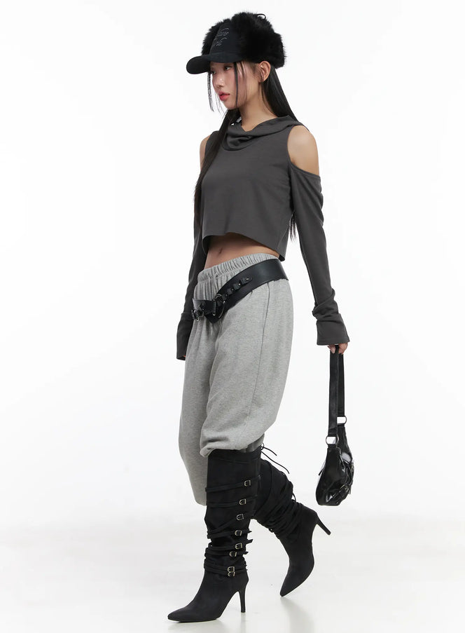 cut-out-crop-hood-long-sleeve-top-cd529 / Dark gray