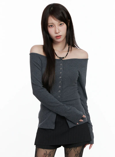 buttoned-off-shoulder-long-sleeve-cardigan-co520 / Dark gray