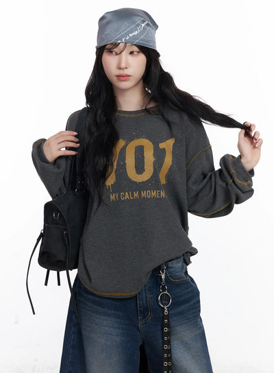 graphic-oversized-textured-long-sleeve-top-cj527 / Dark gray