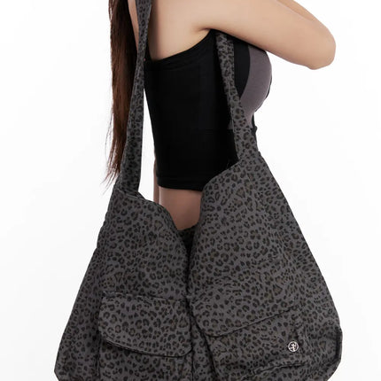 leopard-print-multi-pocket-tote-bag-cl522 / Dark gray