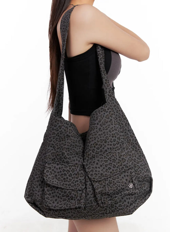 leopard-print-multi-pocket-tote-bag-cl522 / Dark gray
