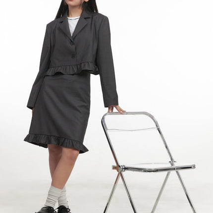 frill-collared-crop-blazer-cf526 / Dark gray