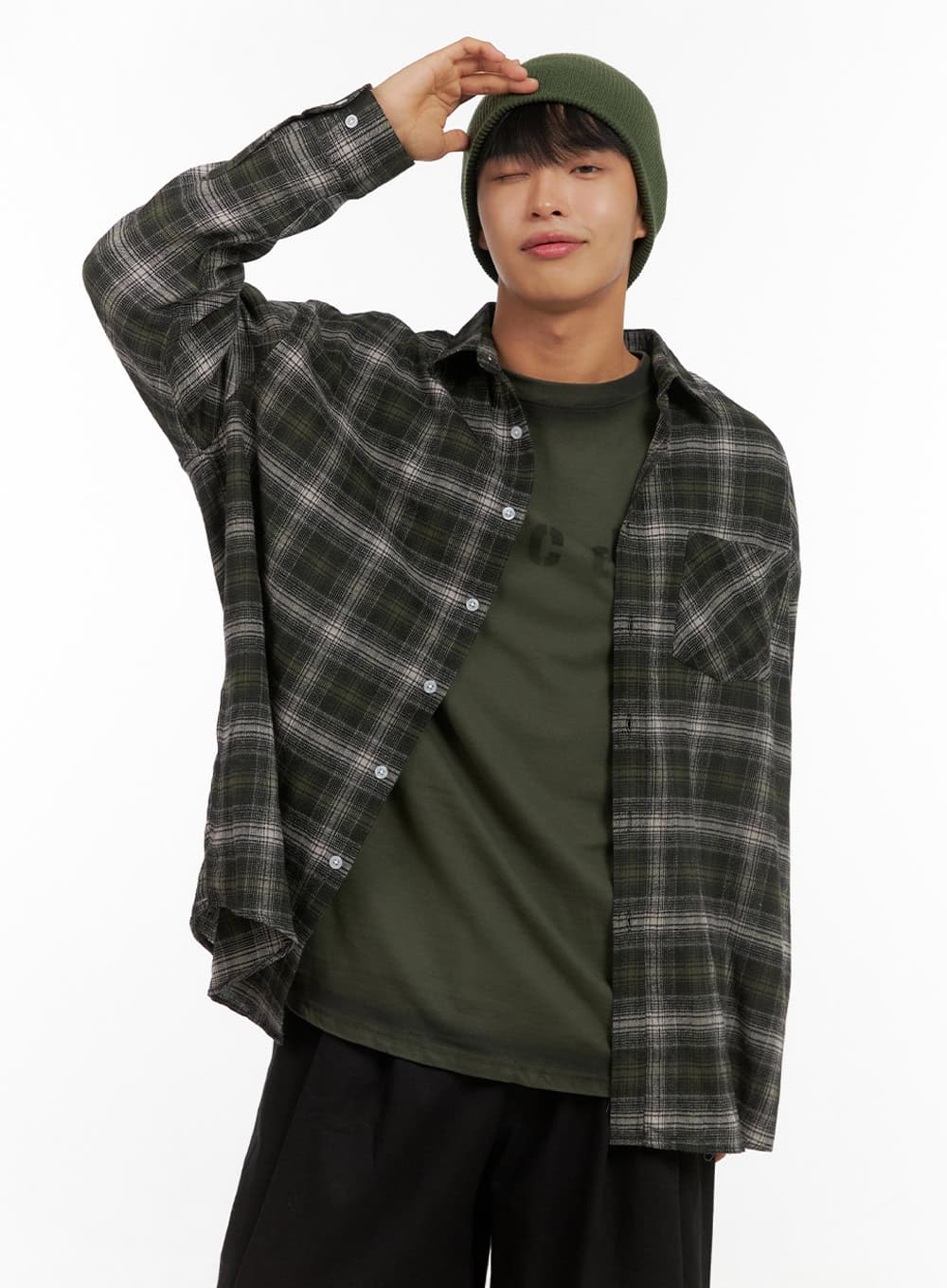 mens-checkered-cotton-buttoned-shirt-is420 / Dark green