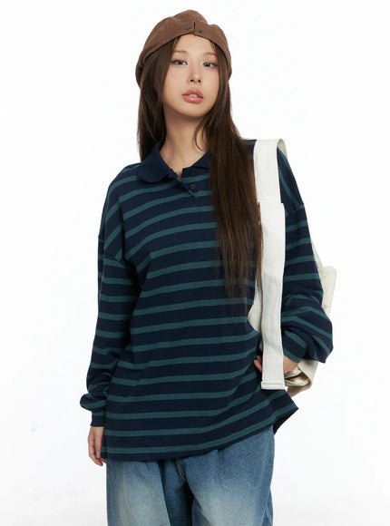 oversized-striped-collar-long-sleeve-tee-cs504 / Dark green