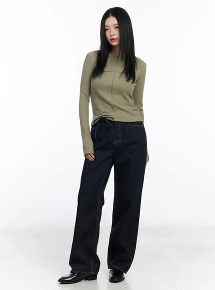 ribbed-cutout-long-sleeve-tee-cj519 / Dark green