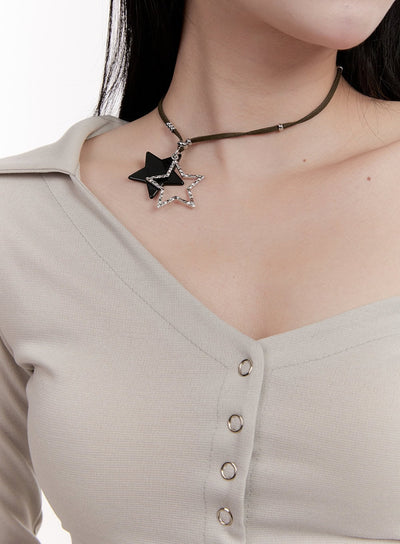 leather-strap-star-necklace-cj531 / Dark green