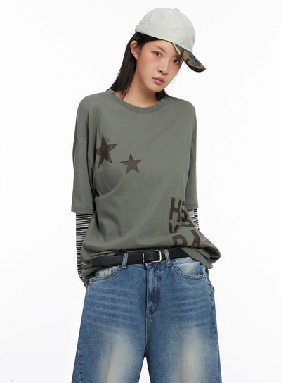 layered-star-print-long-sleeve-tee-is515 / Dark green