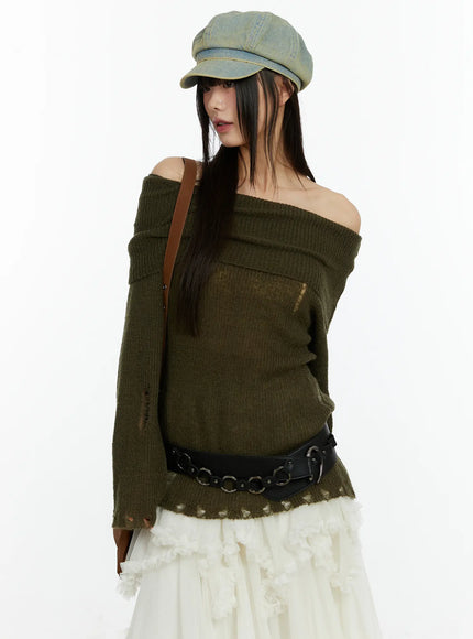 distressed-off-shoulder-knit-top-cf510 / Dark green