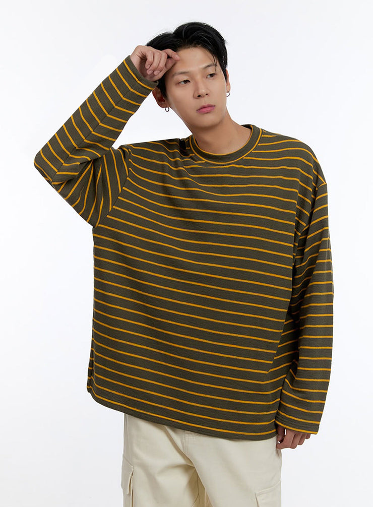 mens-striped-round-neck-long-sleeve-t-shirt-io428 / Dark green