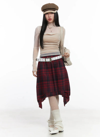 asymmetric-checkered-midi-skirt-cd530 / Dark red