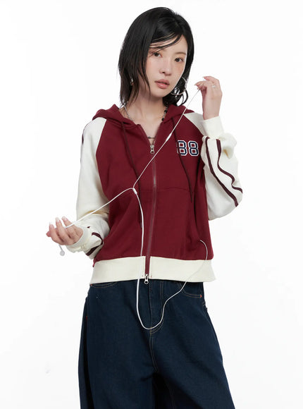 two-tone-zip-up-crop-hoodie-cs529 / Dark red