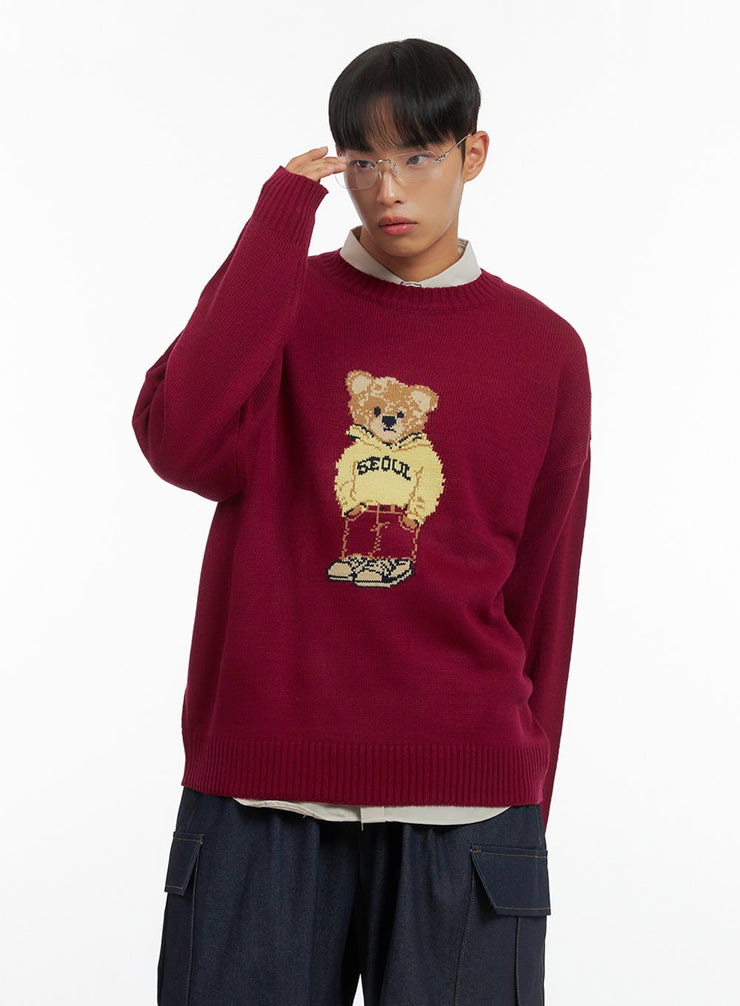 mens-loose-fit-printed-knit-sweater-is419 / Dark red