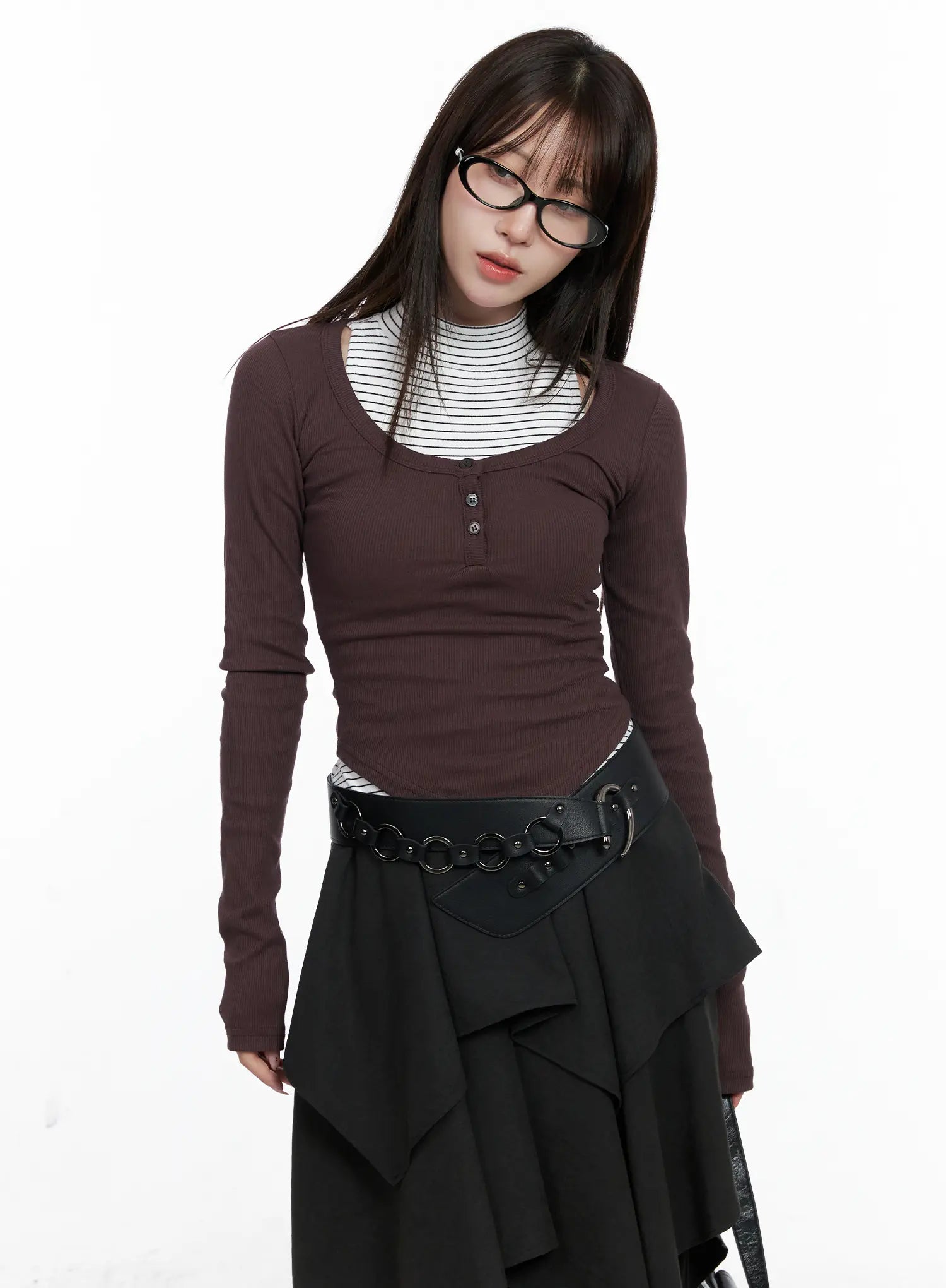 buttoned-u-neck-crop-long-sleeve-top-co521 / Dark red
