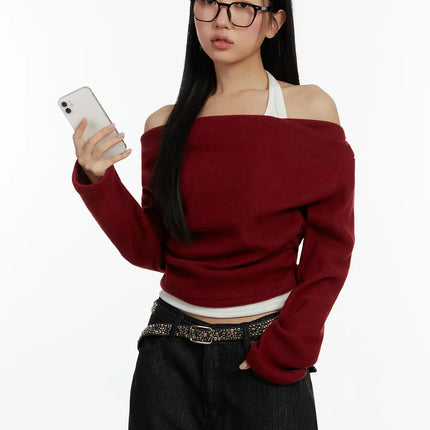 halter-layered-off-shoulder-top-id525 / Dark red