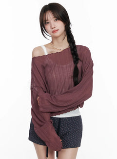sheer-off-shoulder-long-sleeve-top-cm527 / Dark red