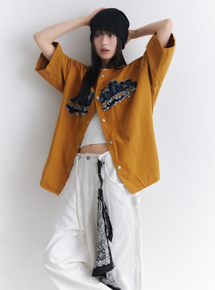 oversized-patchwork-button-up-shirt-ia528 / Dark yellow