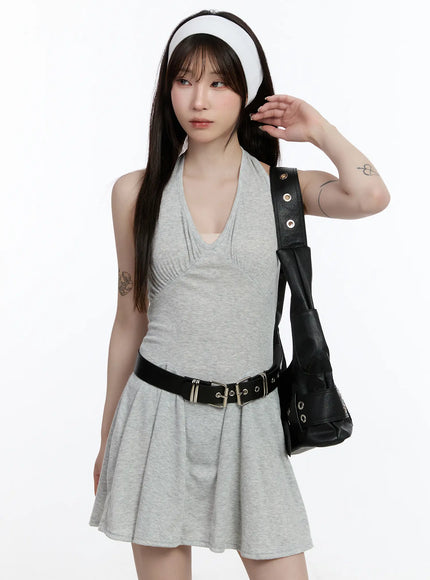 ribbed-halter-flare-mini-dress-ca502 / Gray