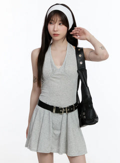 ribbed-halter-flare-mini-dress-ca502 / Gray
