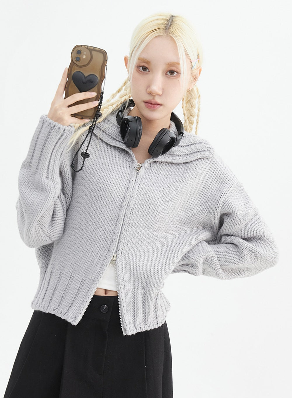 oversized-zip-up-knit-sweater-in330 / Gray