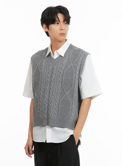 mens-classic-cable-knit-v-neck-vest-ia401 / Gray