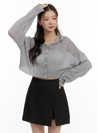 see-through-crop-hooded-cardigan-ou413 / Gray