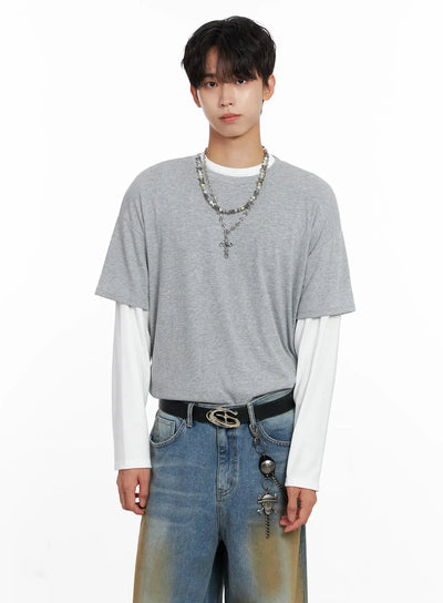 mens-layered-semi-crop-t-shirt-io516 / Gray