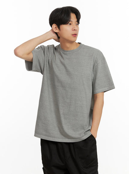 mens-cotton-washed-round-neck-t-shirt-gray-iy431 / Gray