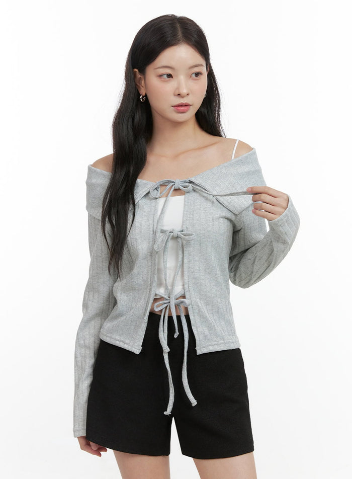 off-shoulder-ribbon-detail-cardigan-os423 / Gray