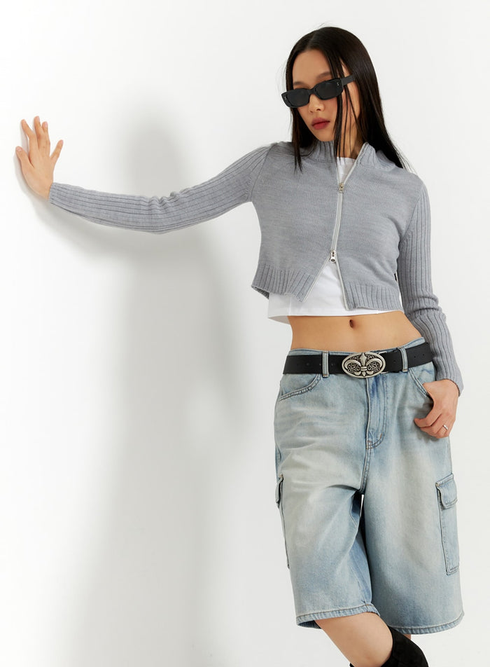 crop-zip-up-mock-neck-sweater-ia417 / Gray