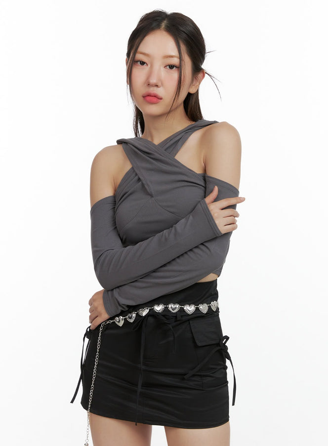 cross-neck-hooded-crop-top-ol408 / Gray