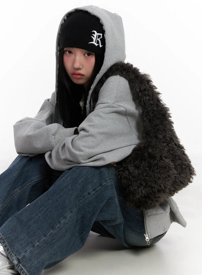 checkered-detail-zip-up-hoodie-cn528 / Gray