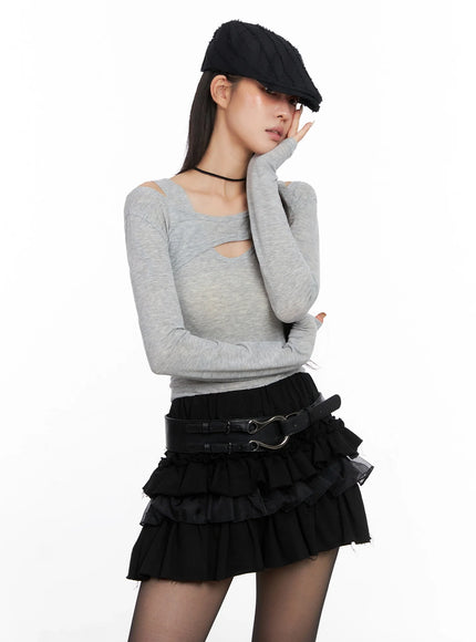 cut-out-long-sleeve-top-is508 / Gray