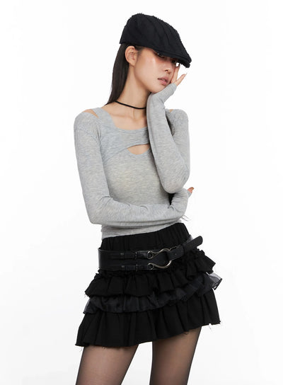 cut-out-long-sleeve-top-is508 / Gray