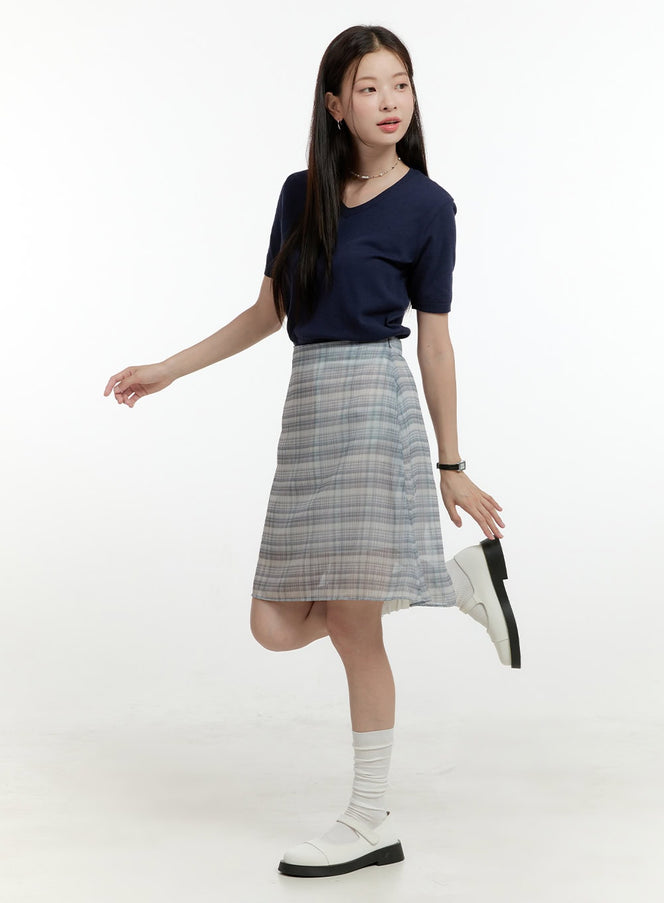 sheer-plaid-midi-skirt-ol423 / Gray