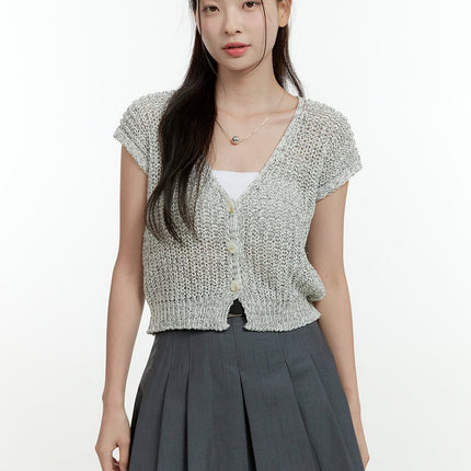 knitted-v-neck-short-sleeve-cardigan-ol430 / Gray