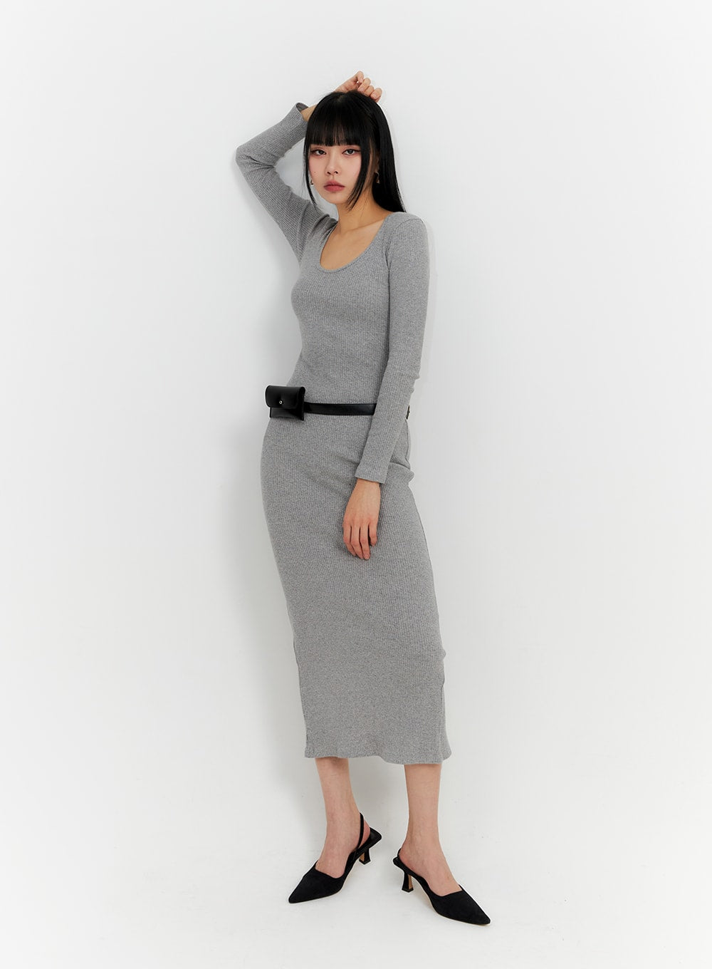 basic-round-neck-long-sleeve-maxi-dress-im414 / Gray