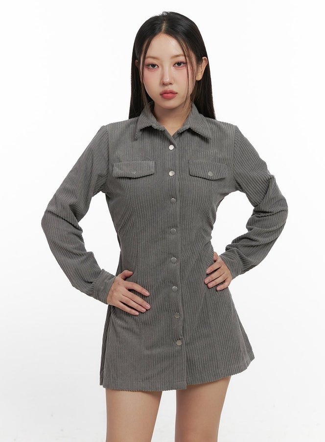 solid-buttoned-corduroy-mini-dress-cn415 / Gray