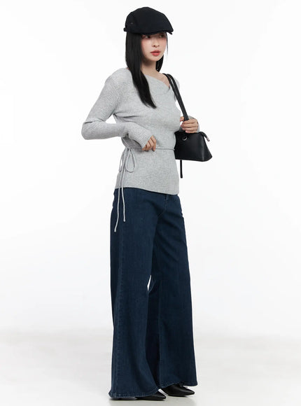 ribbed-knit-long-sleeve-top-with-tie-detail-cj520 / Gray