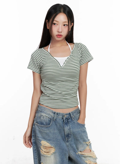 contrast-stripe-layered-halter-tee-cl518 / Green