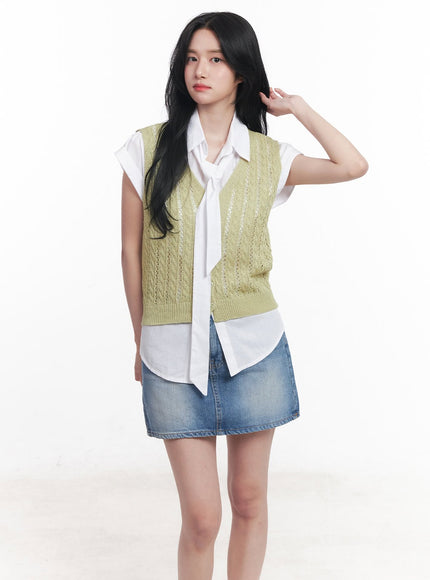 knit-buttoned-vest-top-cy523 / Green