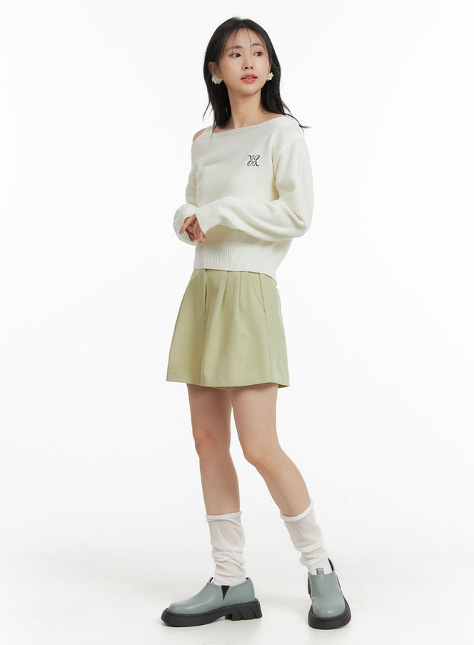 solid-wide-leg-shorts-om411 / Green