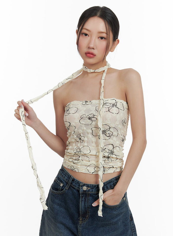 wrinkled-floral-tube-top-with-scarf-ca415 / Light beige