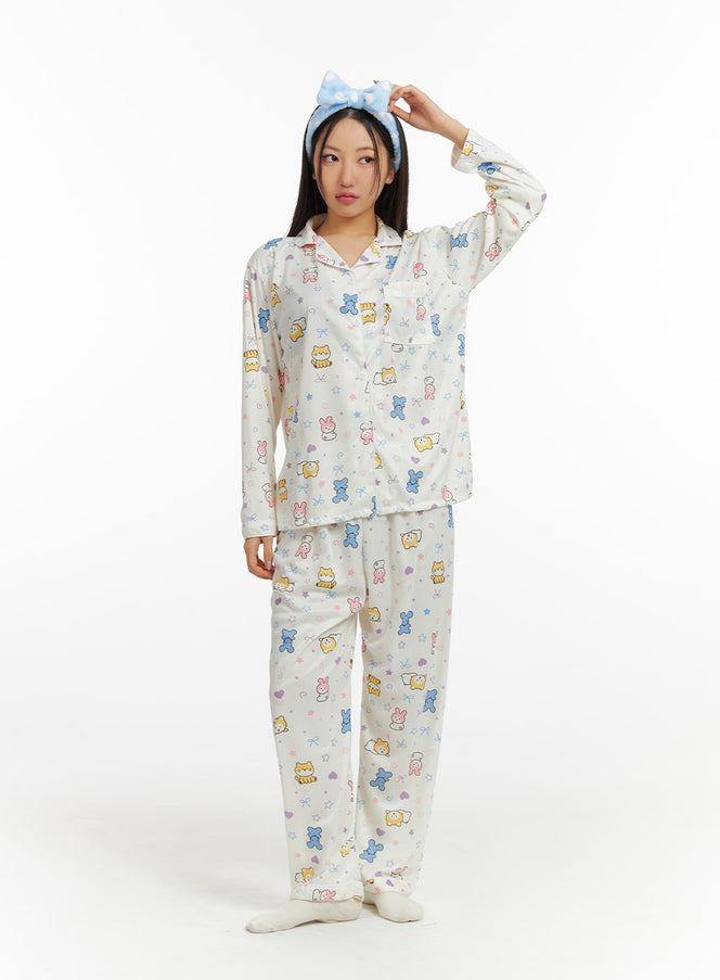 animal-graphic-pajama-set-if421 / Light beige