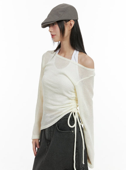 shirred-see-through-one-shoulder-top-cg426 / Light beige
