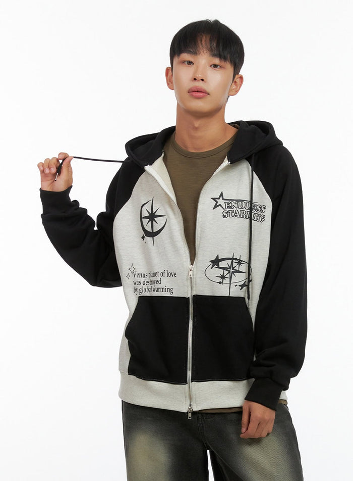 mens-mixed-color-graphic-zip-up-cotton-hoodie-is420 / Light beige